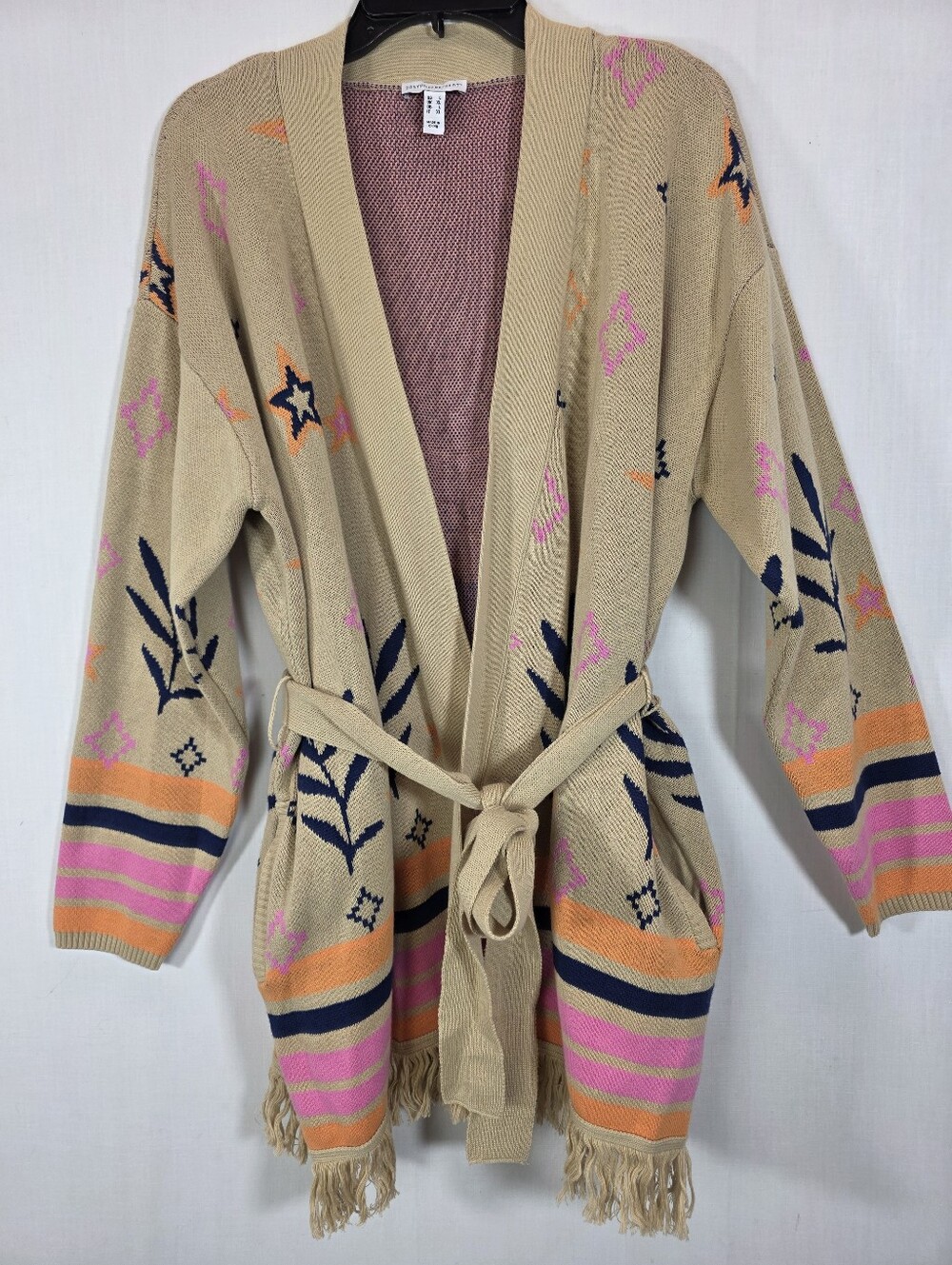 Canyon Retreat Belted Fringe Cardigan L Tan Southwestern Celestial Star Cotton